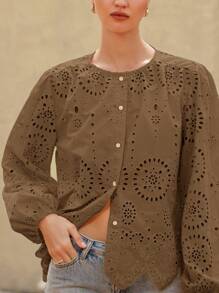 Aveloria Rosie 女式长袖刺绣领衬衫 - 棕色 - 查看 3