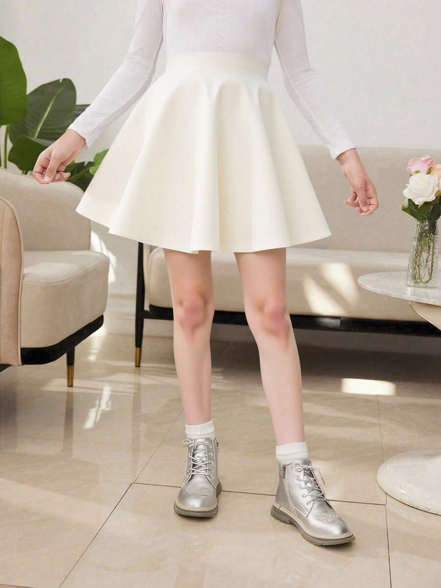 SHEIN 青少年女孩休闲银色 PU 皮革褶皱迷你裙 - 白色 - 查看 1