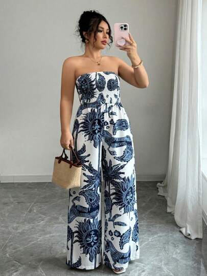 Elenzga Women's Printed Bandeau Romper With Cinched Waist Waist And Wide Leg, Elegant For Vacation, Work, Everyday Wear