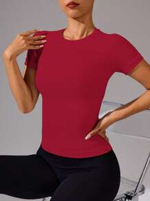Easithlete 纯色圆领无缝短袖运动 T 恤，夏季压缩衬衫，修身衬衫，健身房女士衬衫