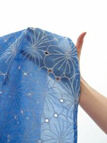 Écloséra Vestido feminino estilo francês retrô casual férias viagem azul bordado manga curta vazado - Azul - Ver 5