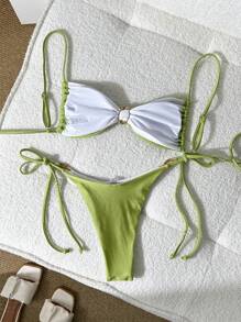 Swim Vcay 纯色细肩带露肩贝壳装饰上衣和系带侧泳裤女式比基尼套装，夏季 - 綠色 - 查看 2
