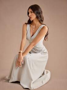 SHEIN Tall Vestido de lino sin mangas y cintura acampanado para mujer, primavera/verano - Caqui - Ver 7