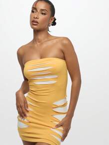 SUMWON WOMEN Mini Bodycon Dress Cut Out Pattern Strapless Club Night Out Party Evening Wear Form Fitting Summer Fashion Statement - Yellow - View 1
