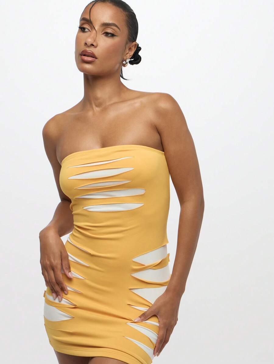 SUMWON WOMEN Mini Bodycon Dress Cut Out Pattern Strapless Club Night Out Party Evening Wear Form Fitting Summer Fashion Statement - Yellow - View 1