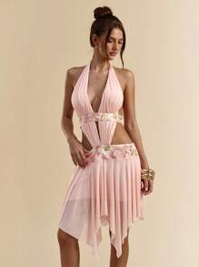 SHEIN BAE 纯色亮片串珠 V 领露背系带不对称下摆露背连衣裙，适合女士，度假连衣裙，音乐节性感连衣裙，优雅约会连衣裙，沙滩裙，春夏 - 粉色 - 查看 4