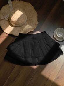 Comfortcana 常规款黑色编织拼布蕾丝休闲女裙 - 黑色 - 查看 3