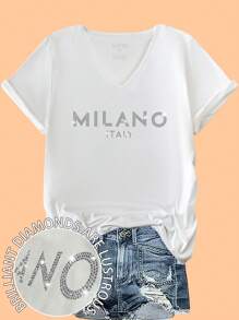 Calvaya Plus Size Women's Simple 'MILANO ITALY' Letter Print Hot Diamond V-Neck Short Sleeve Casual T-Shirt For Women