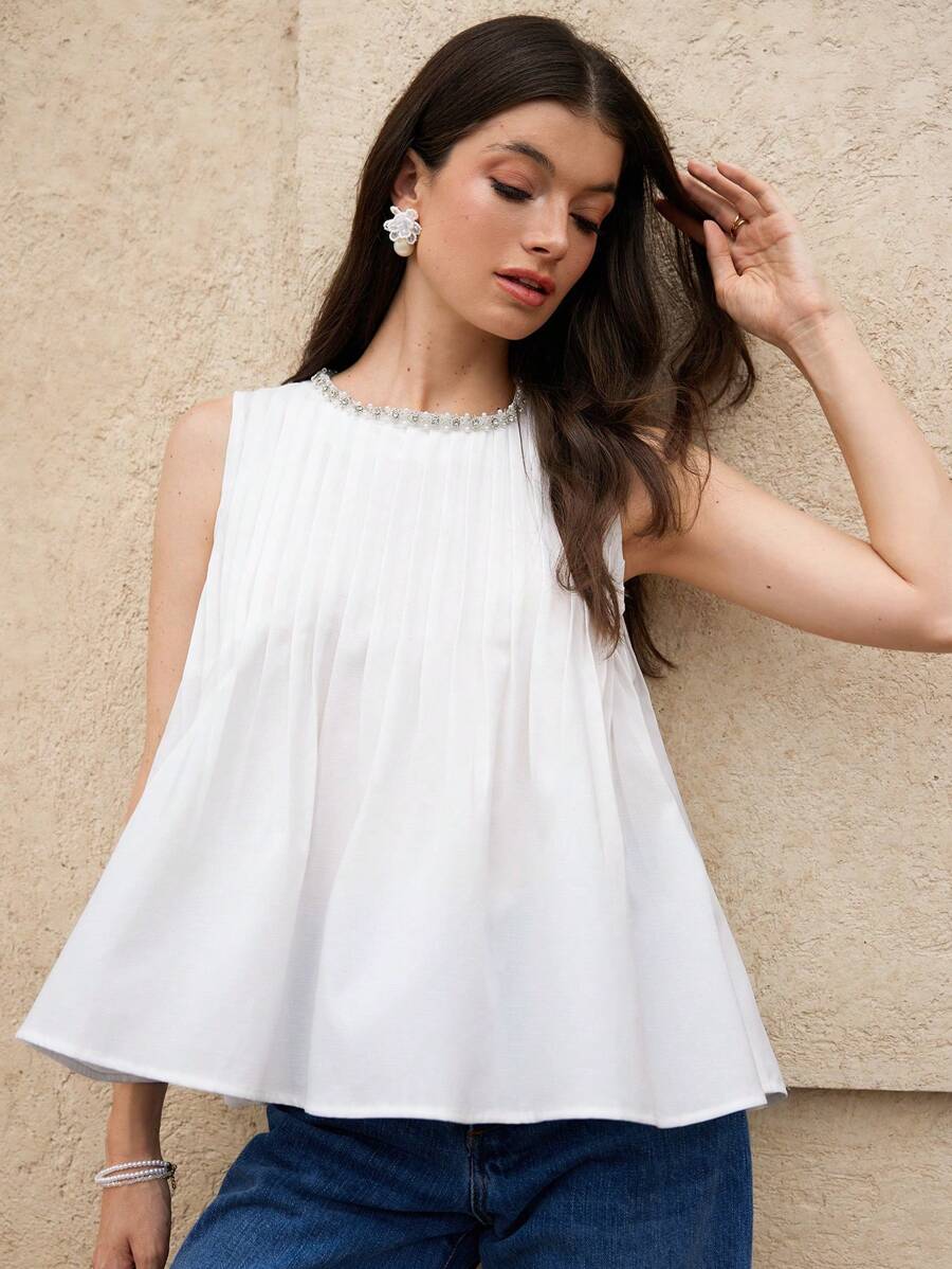 GENKIRA Pleated High-End Stylish Rhinestone Collar Detail Sleeveless Loose Fit Casual Versatile Blouse For Women - White - View 1