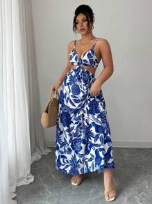 Elenzga 女士印花束腰无袖中长连衣裙，适合度假和日常通勤 - 藍白色 - 查看 6