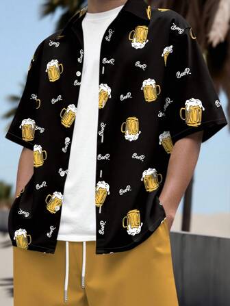 Manfinity Chillmode Men's Beer Print Casual Pattern Shirt, Boyfriend Gift