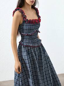 Aveloria Affinna Vintage French Frill Collar Shirred Waist Tiered Flare Hem Contrast Color Maxi A-Line Plaid Dress With Unique Convertible Neckline For Women