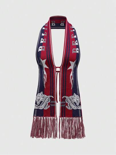 Grunge Punk Music Festival : Fringe Scarf Design, Sporty, Backless, Sexy Women Knit Top