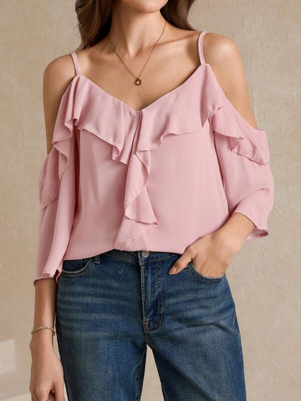 Amorya Ladies Solid Color Off Shoulder Ruffle Trim Spring Shirt