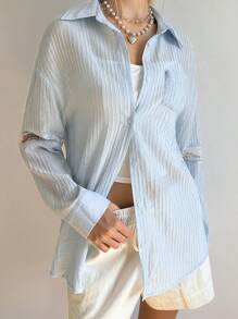 SHEIN Bubbli 女式纯色简约长袖衬衫 - 藍色 - 查看 1