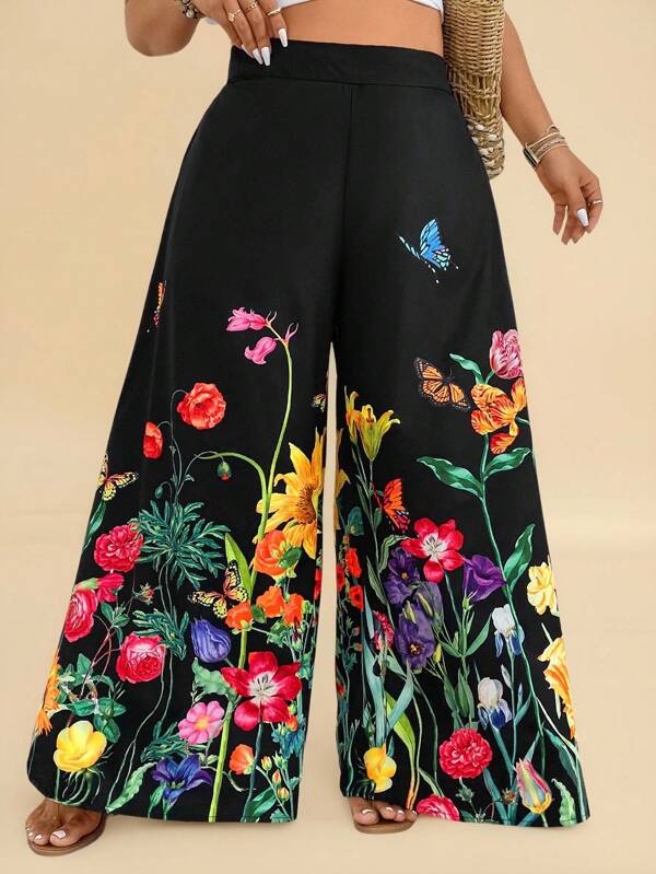 Travachic VCAY Plus Size Floral Print Wide Leg Casual Holiday Pants Vacation Vacation Outfits Woman Summer Outfits For Women Spring Outfits For Women Teacher Outfits For Women Beach Vacation Outfits Tropical Vacation Woman Clothes
