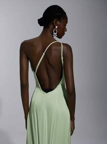 Elitara Elegant, Romantic, Sexy, Minimalist, Satin, Stretchy, Backless, Ruffle Hem, Bodycon, High Slit, Fashionable, Influencer Style, Party, Holiday, Birthday, Wedding, Bridesmaid Dress Green - Green - View 5