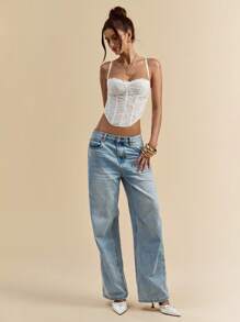 SHEIN BAE 白色花卉孔眼刺绣吊带背心，女式紧身短款背心，春夏 - 白色 - 查看 5