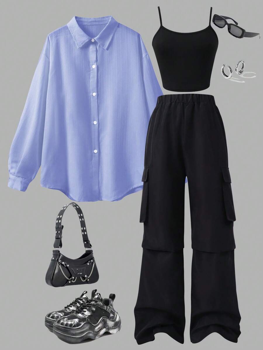 少女两件套：长袖衬衫和吊带长裤，夏季时尚 - 淡紫色 - 查看 1