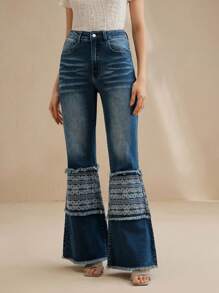Anewsta Damen modische glockenförmige Schlaghose aus bedrucktem Denim - Blau - Übersicht 2