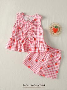 Cozy Pixies 2pcs Baby Girl Strawberry Print Sleeveless Round Neck Top And Elastic Waist Shorts Set - Multicolor - View 1