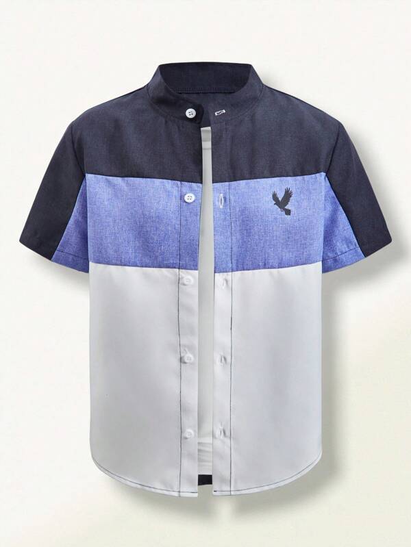 SHEIN 1 pieza Camisa de manga corta con cuello de pie estilo gentleman casual de lino para niños, nuevo estilo caliente de verano