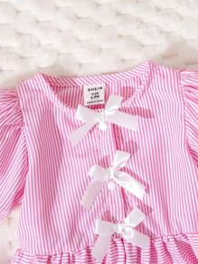 SHEIN 2pcs/Pack Baby Girl Casual Outfits With Short Sleeves Striped Shirt + Shorts Set, Spring & Summer - Pink - View 5