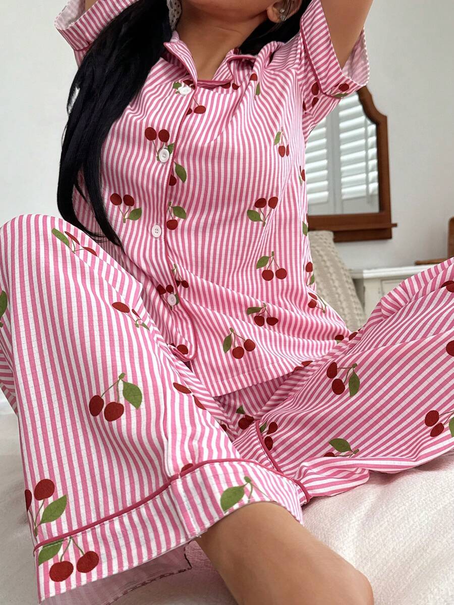 SHEIN 女士樱桃条纹印花翻领短袖睡衣套装