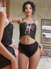 Set de 2 piezas de lencería inalámbrica y sexy de malla para mujer - Negro - Ver 3