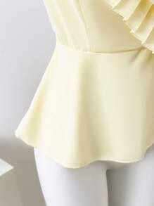 SHEIN Clasi Solid Color Cross-Wrapped Cap Sleeve Ruffle Patchwork Elegant Blouse For Women - Yellow - View 5