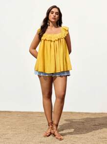 Maija Plus Size Women Patchwork Embroidery & Ruffle Hem Loose Cami Top Summer Women Vacation - Yellow - View 5