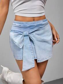 SHEIN ICON Women's Bow Decor Fashion Denim Skirt - Blue - View 1