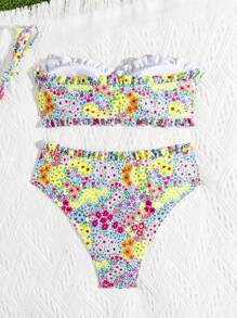 Swim Mod 女士碎花吊带比基尼套装，可拆卸肩带，蝴蝶结装饰，适合海滩、度假、夏季 - 彩色 - 查看 3