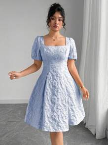 Elenzga 大码女装畅销花卉提花优雅泡泡袖方领连衣裙 优雅礼服 女士连衣裙 生日女士短裙 夏季工作连衣裙 夏季女装 - 藍色 - 查看 5