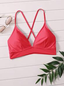 SHEIN Swim Women's Solid Color Criss-Cross Backless Bikini Top, Minimalistic Beach Vacation Style For Summer - Coral Pink - View 3
