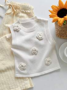 Comfortcana Maglietta aderente senza maniche decorata con fiori, in maglia