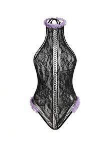 Fantasy Costume Women Floral Lace Hollow Out Halter Sexy Lingerie Set - Black - View 3