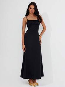 Roylia Women Satin Smooth Slip Long Dress - Black - View 6