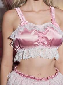 FairyFlirt Ladies Lace Stitching Ruffle Fashion Lingerie Set (Bra, Panties) - Pink - View 4