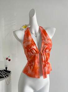 Sweetra Nouveau Top floral sexy à dos ouvert pour femmes, printemps/été - Orange - Voir 1