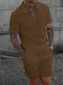 Manfinity Homme 男士时尚3D纹理休闲Polo衫套装 - 棕色 - 查看 5