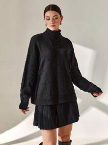 EURMUSE Ensemble deux pièces femme composé d'un pull détaillé de perles et d'une jupe pull plissée