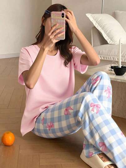 少女可爱甜美休闲简约新款纯色圆领短袖上衣和蓝粉色格子蝴蝶结长裤两件套睡衣套装，舒适家居服