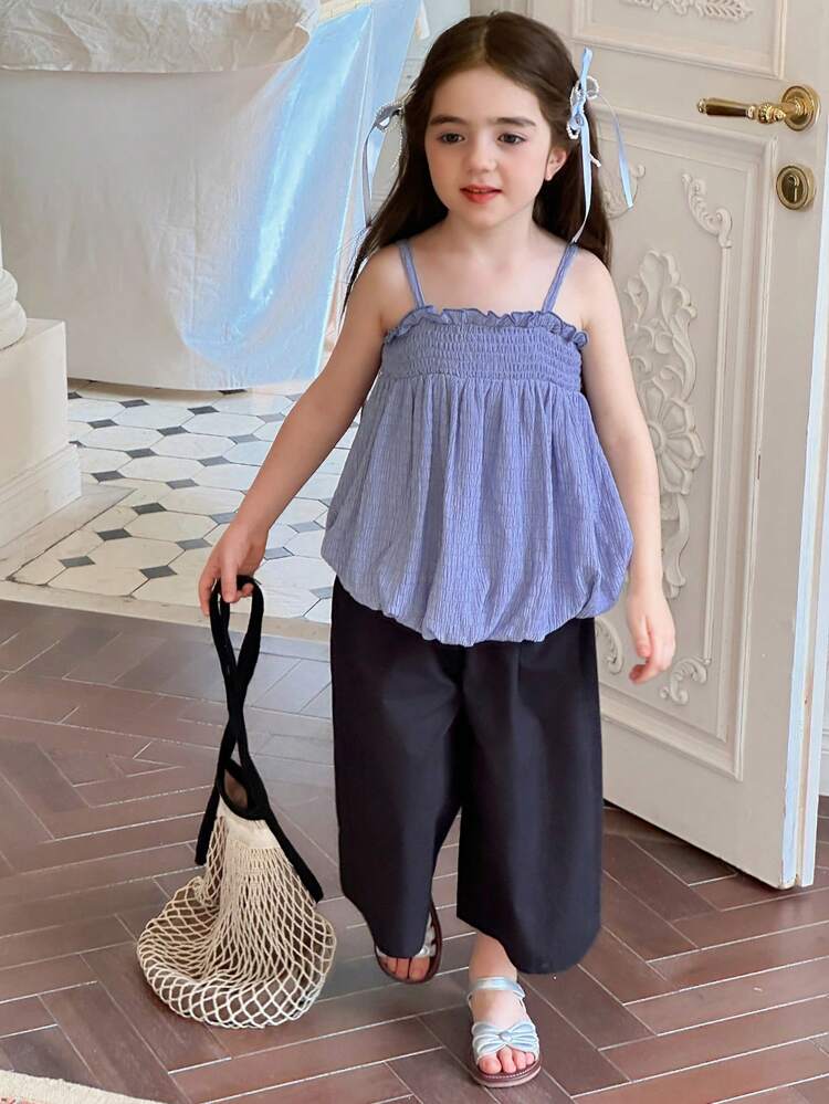 2pcs Young Girls Ruffle Strap Blouse And Wide Leg Pants Suit,Girls Summer Outfits