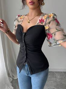 Elenzga Women's Fashion Mesh Embroidered Patchwork Ruffle Trim Short Sleeve T-Shirt - Black - View 5