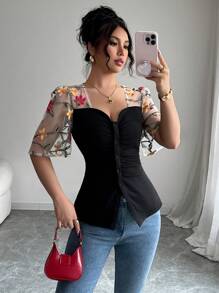 Elenzga Women's Fashion Mesh Embroidered Patchwork Ruffle Trim Short Sleeve T-Shirt - Black - View 6