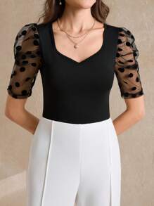 SHEIN Clasi Women'S Spliced Polka Dot Mesh Puff Sleeve Top