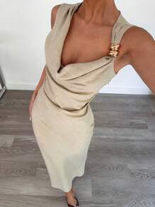 Siren Gaze Plus-Size Women's Casual Holiday Women's Dress, Elegant Asymmetric Design Metal Buckle Long Dress Women, Cocktail Party Dress Fall Dresses Dresses For Women Party Off The Shoulder Dress Summer Evening Dress