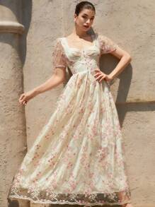 GENKIRA Đầm dài tay bồng thêu hoa nhiều lớp phong cách Pháp lãng mạn thanh lịch, đa năng, cổ vuông, nhiều lớp - Nhiều màu - Xem 5