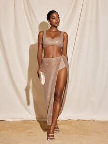 VIOLA AND VESPER 透明亮片中腰铅笔中长裙短衬女士夏季优雅裙子 - 卡其色 - 查看 1